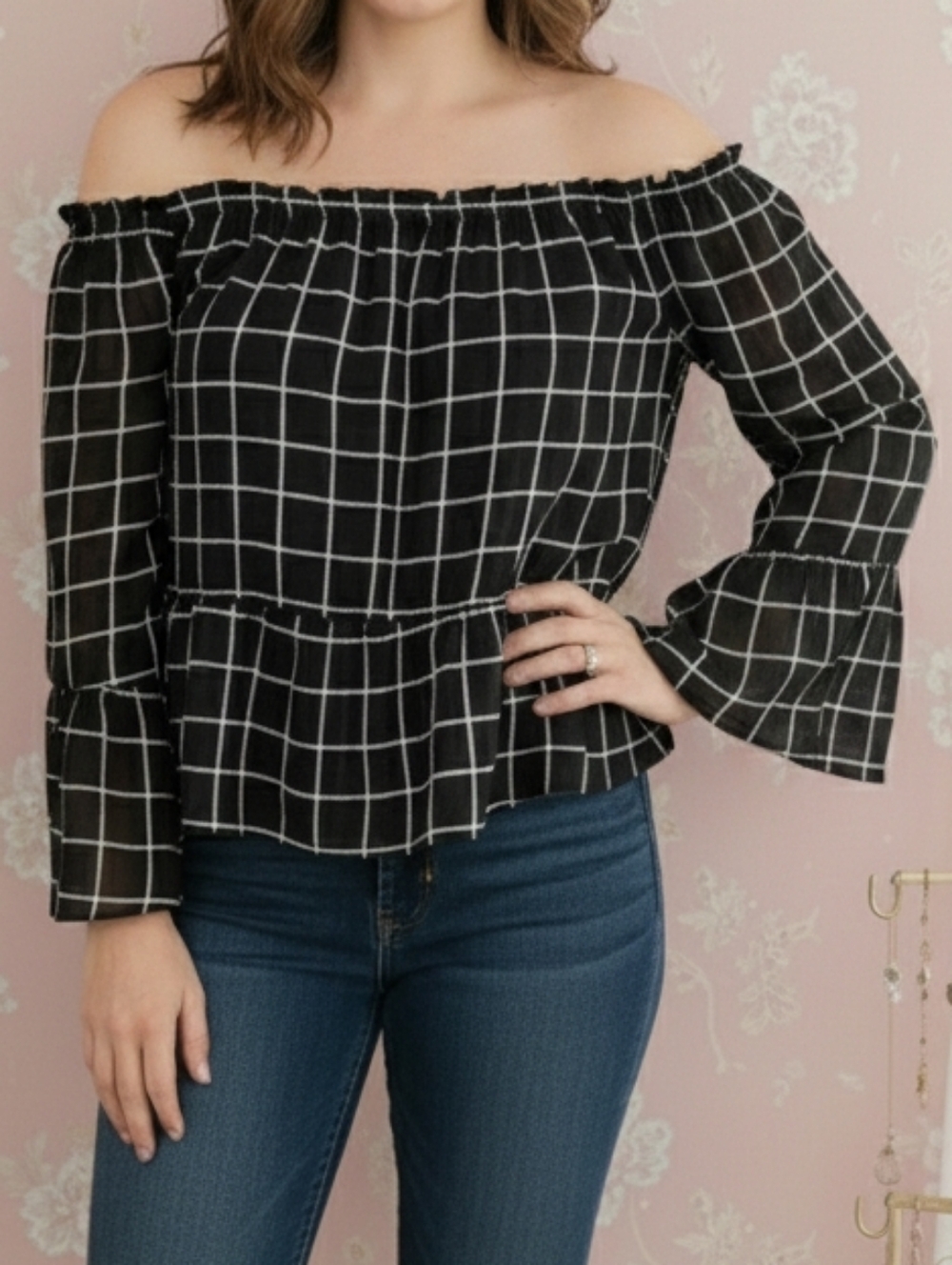 Charlotte Russe* Sheer off the shoulder peplum top* Black & White Grid* Size: XL